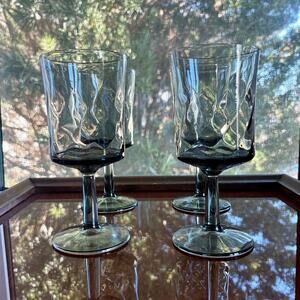 Vintage Libbey Optic Swirl Smoke Green Wine Glasses Set of 4